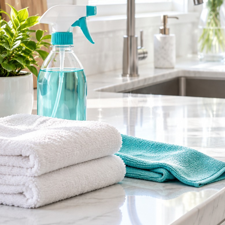 Cleaning spray bottle, folded towels, and teal cloth on a freshly cleaned counter